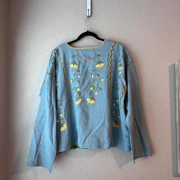 Mi Golondrina Mexico Embroidered Blue Yellow Floral Blouse Huipil Medium - Picture 5 of 8